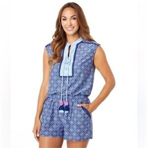 Cabana Life Romper Womens Large Blue West Indies Fringe Tassel Resort Travel